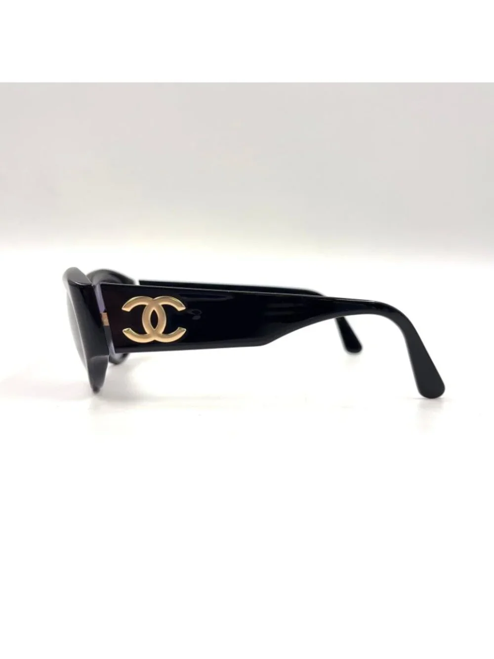 Chanel CC Logo Oval Acetate Gray Black Sunglasses Gold Eyewear